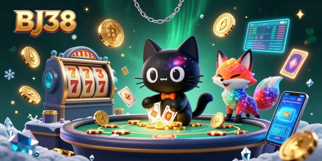 Experience dynamic casino action with BJ38's unique cosmic characters engaging in slots and jackpots.