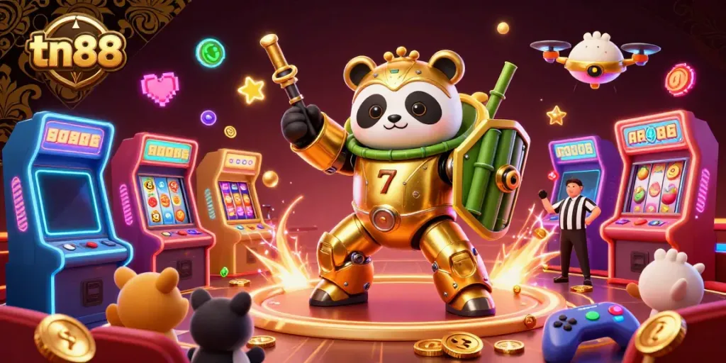 Engage in thrilling tn88 casino action with a mech-suit panda battling in a vibrant arcade arena.