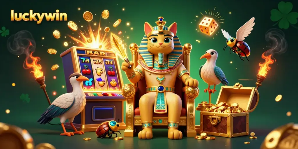 Experience joy at luckywin with a lively 3D scene of fortune featuring a charming pharaoh cat and game elements.