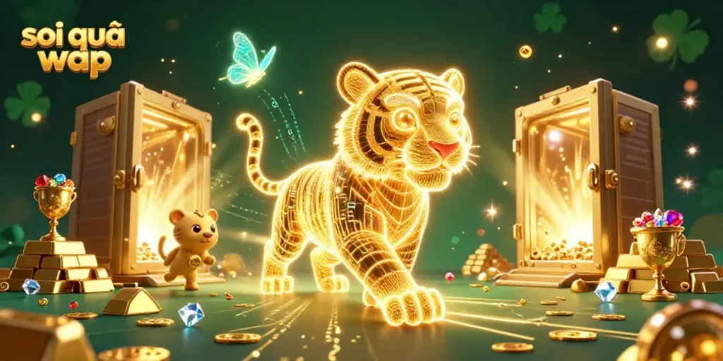Soi cầu wap's magical night in a digital casino full of treasures and light, featuring a golden tiger.