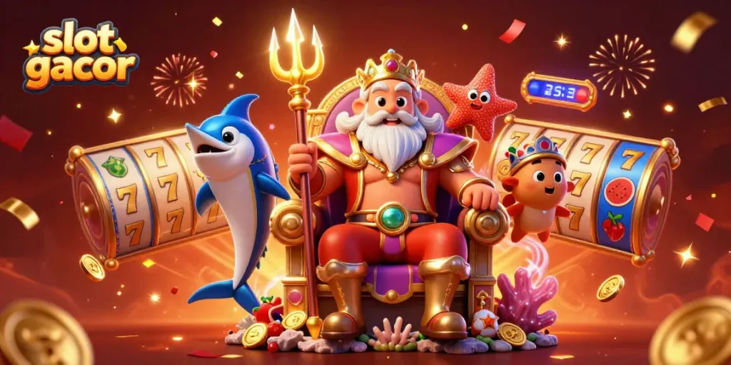 Slot gacor menampilkan Raja Laut Neptunus dan samurai ikan espada dalam ilustrasi 3D yang dinamis.