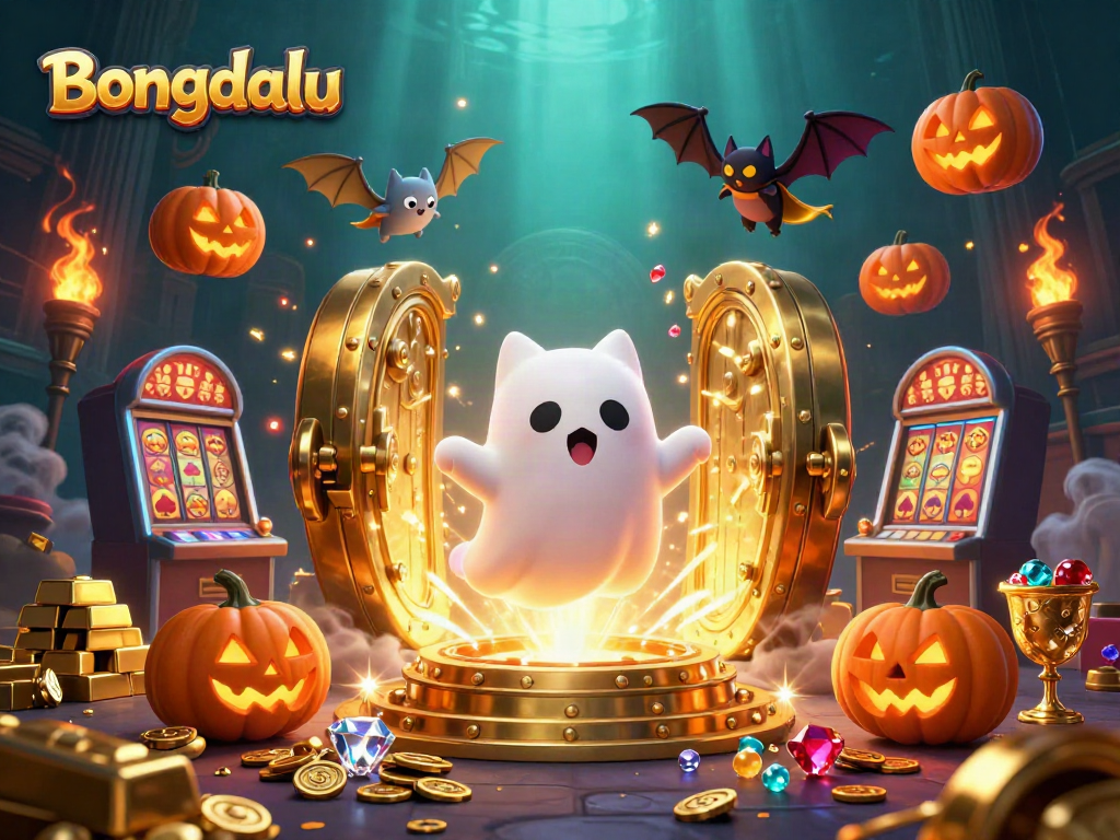 Bongdalu showcases a ghost cat and bat in a haunted casino scene with glowing poker jack-o-lanterns.