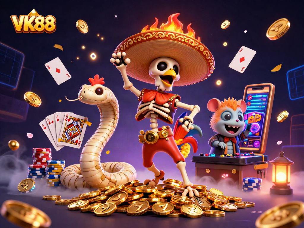 VK88 dance scene with vibrant characters celebrating casino wins amidst coins and playing cards