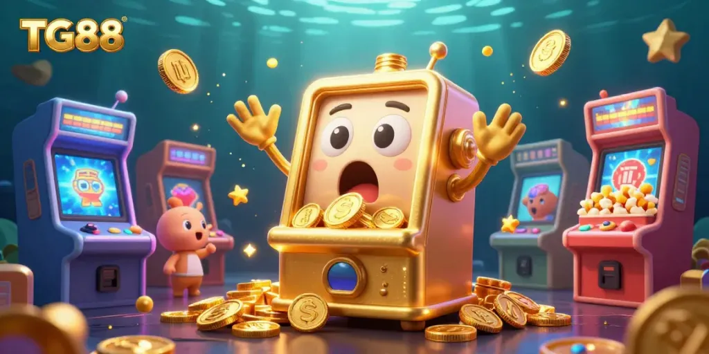 Spin the TG88 jackpot with a surprised golden slot machine and cheering mini slots in a vibrant casino scene.