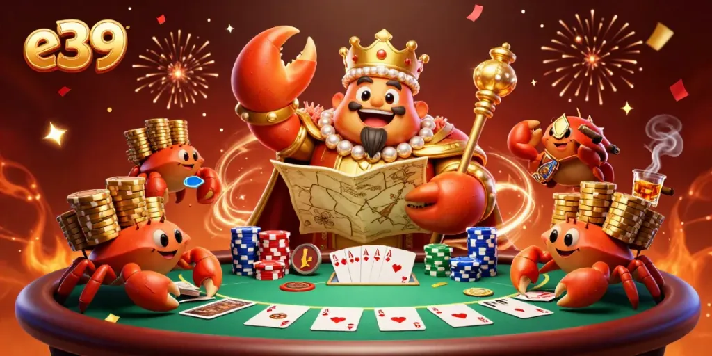 Engage with exciting games at e39, featuring a vibrant casino scene with a golden crab emperor and poker elements.
