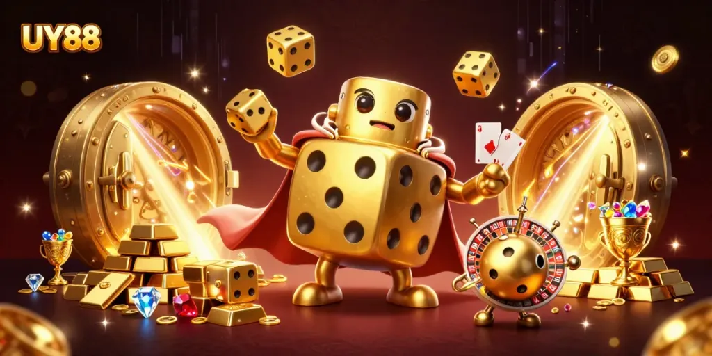 Win big with UY88 in an enchanting 3D casino scene featuring a golden dice golem and treasures.