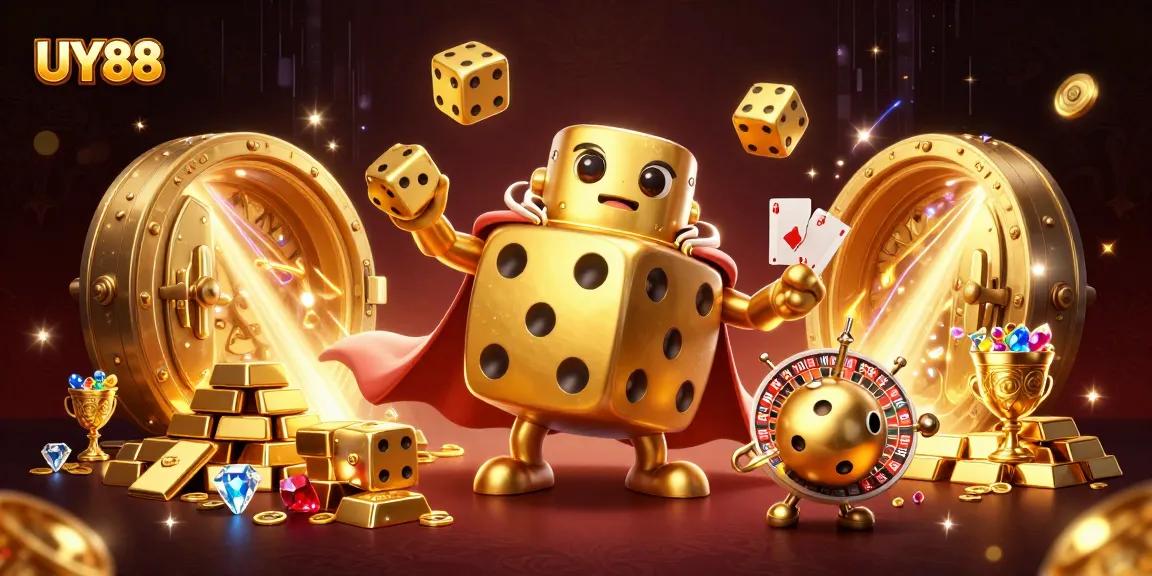 Win big with UY88 in an enchanting 3D casino scene featuring a golden dice golem and treasures.