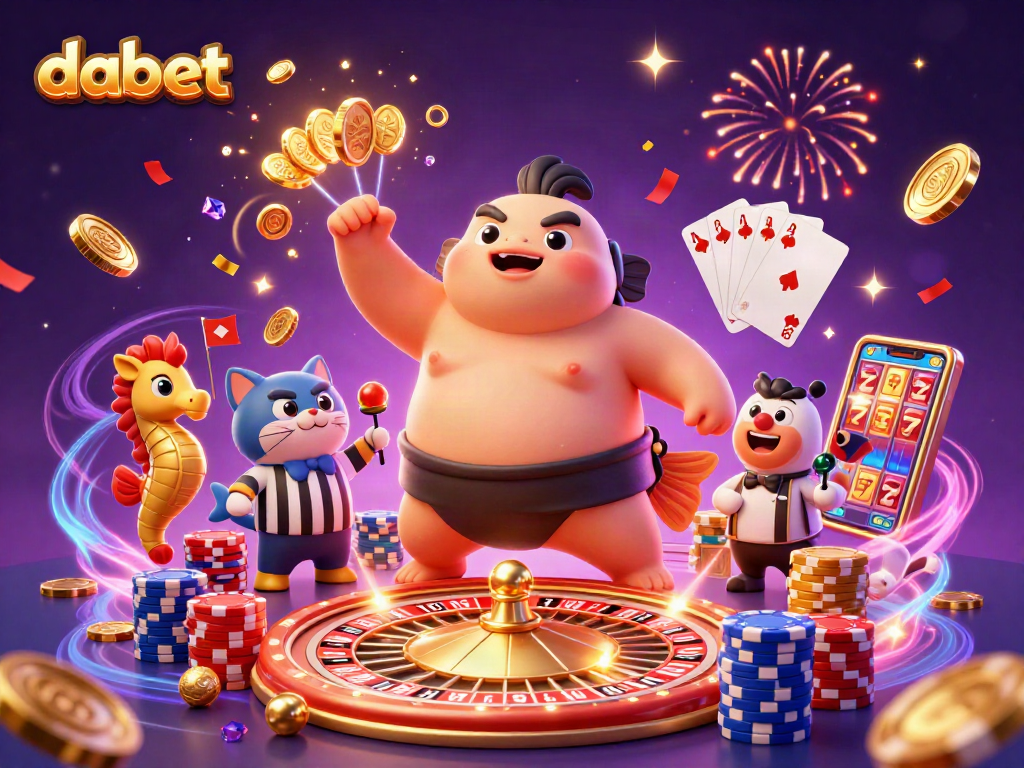 Dabet casino featuring a blowfish in a sumo outfit with catfish referee, creating a gambling celebration scene.