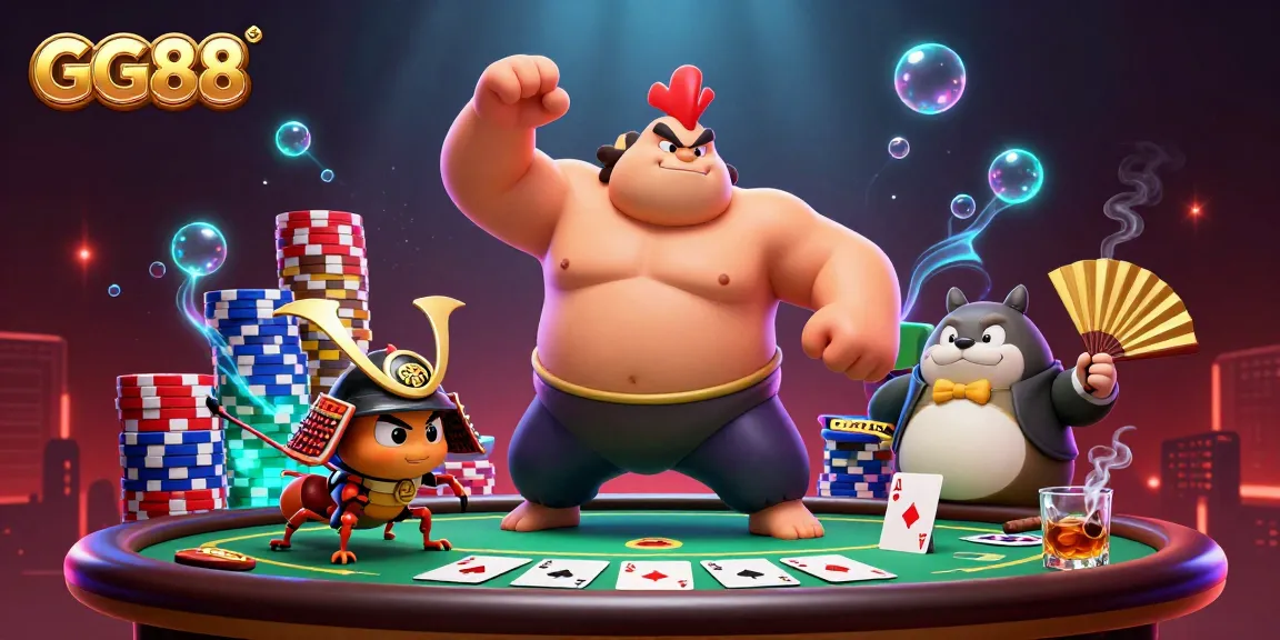 GG88 showcases a powerful sumo rooster and fierce cricket amidst a dynamic poker scene.