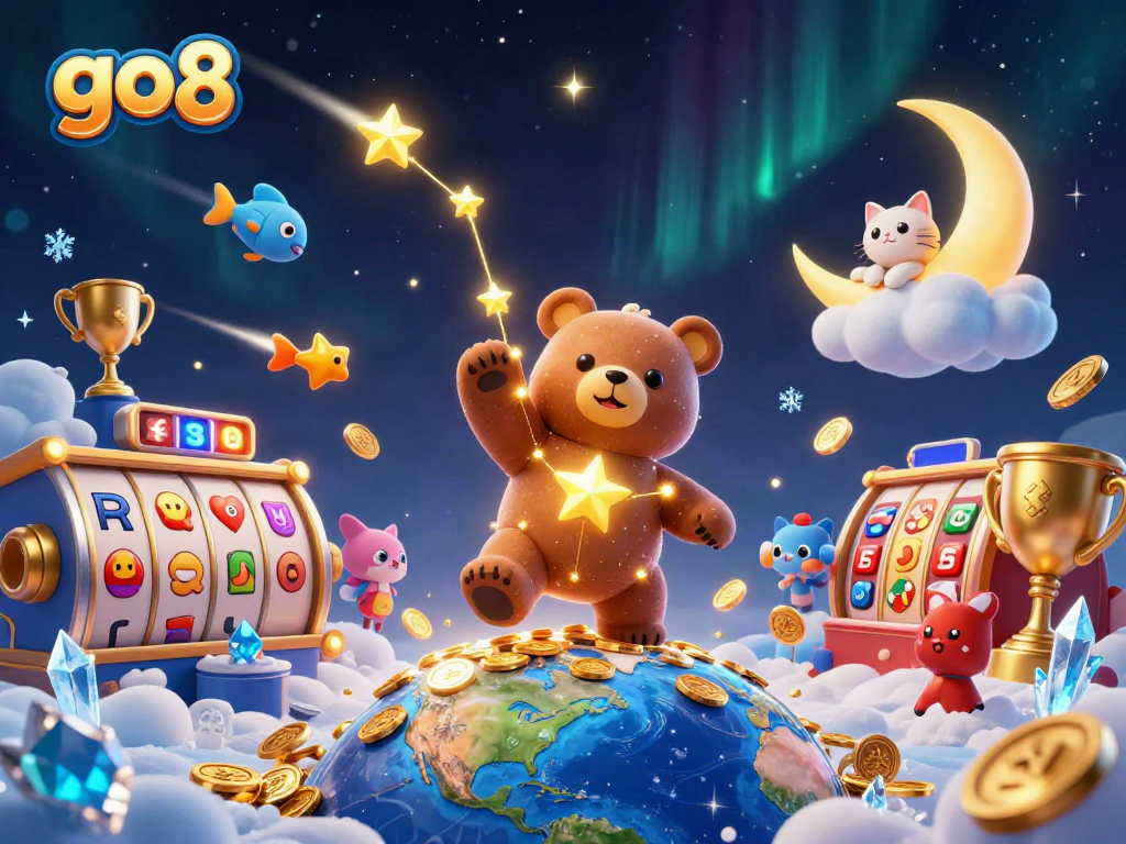 Go8 constellation bear scooping coins in a lively 3D casino atmosphere.