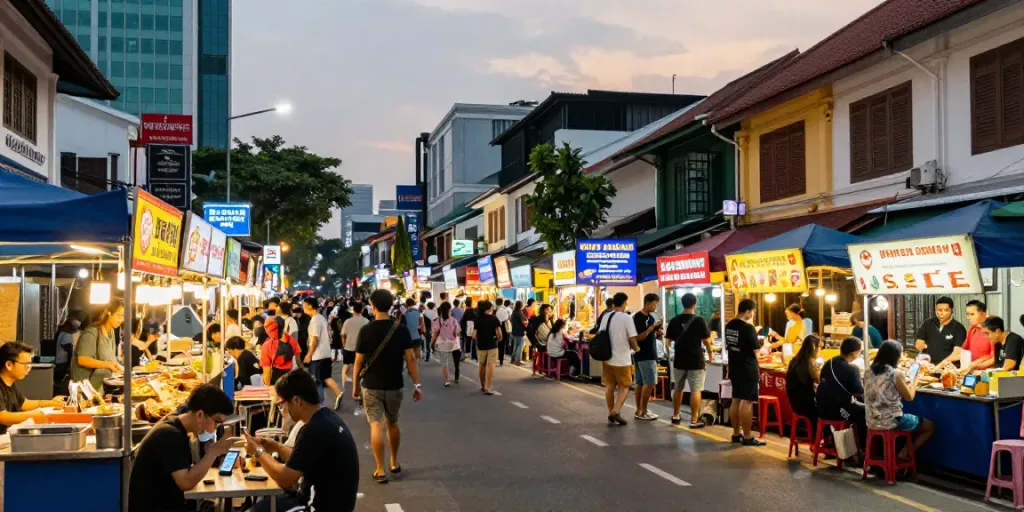 Suasana kota Jakarta saat malam, orang-orang menikmati makanan sambil membahas Sapporo88 yang terletak di jalanan ramai.