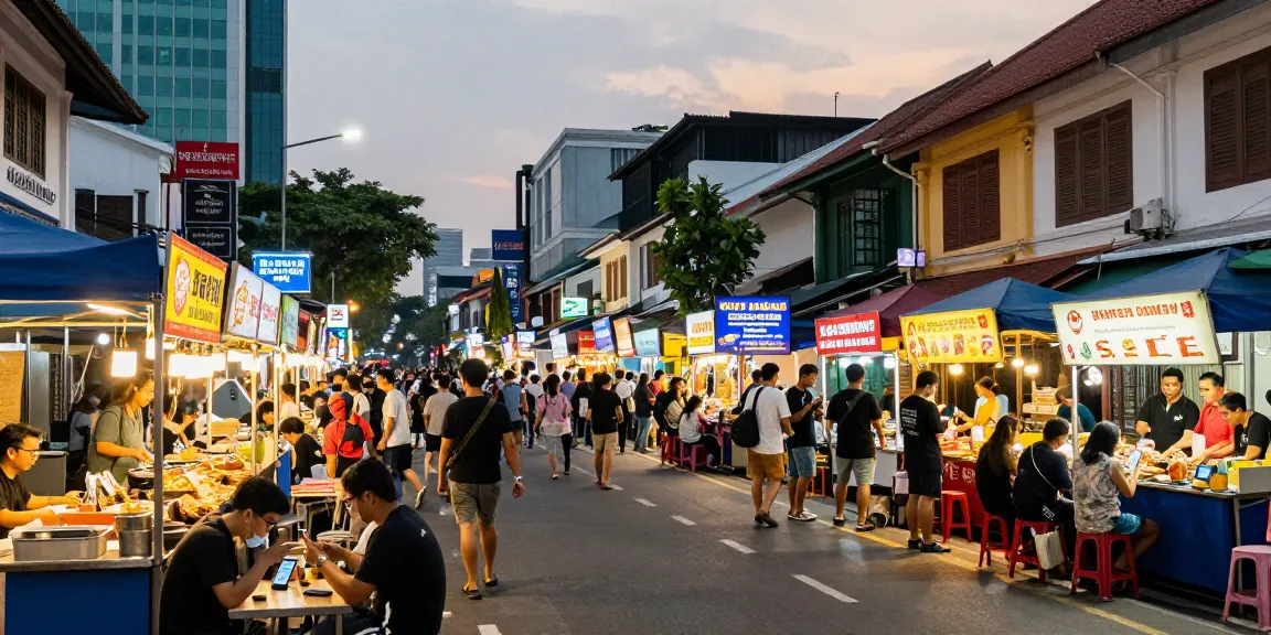Suasana kota Jakarta saat malam, orang-orang menikmati makanan sambil membahas Sapporo88 yang terletak di jalanan ramai.