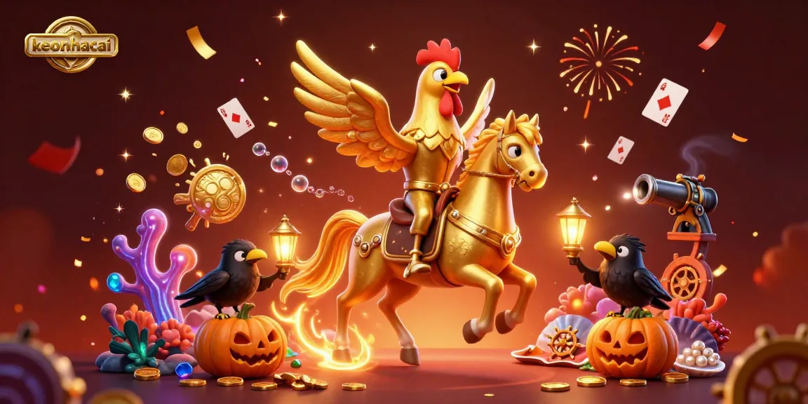 Engage with keonhacai in an enchanting 3D scene showcasing a golden rooster on a spectral horse amid casino treasures.
