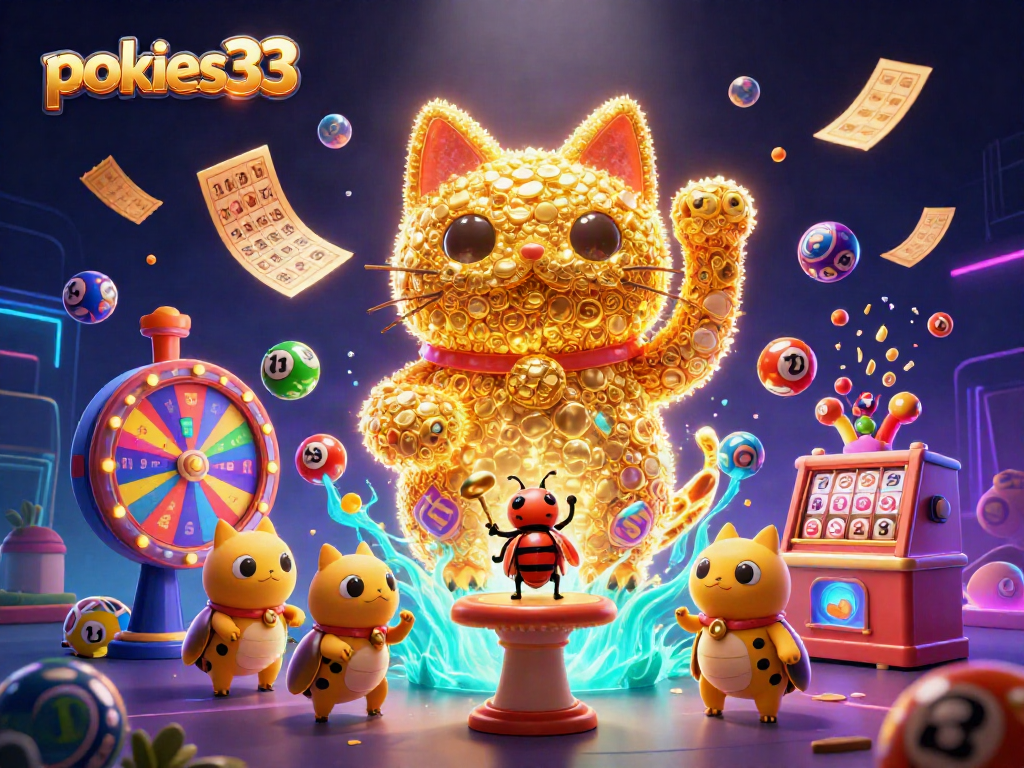 Engage with pokies33 featuring a lucky cat formation and vibrant gambling elements.
