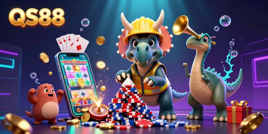 Join the celebration with QS88 as the triceratops builds a poker chip pyramid amidst thrilling slot games.