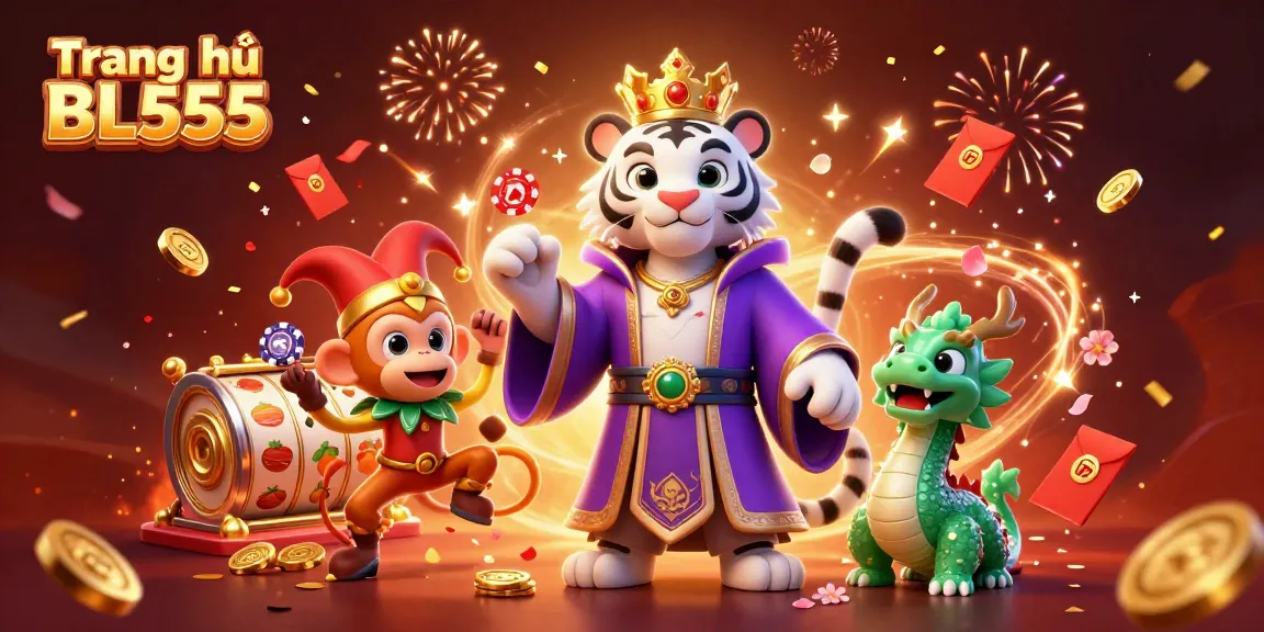 Experience vibrant gaming excitement with Trang chủ BL555's energetic casino scene featuring dynamic characters and symbols.