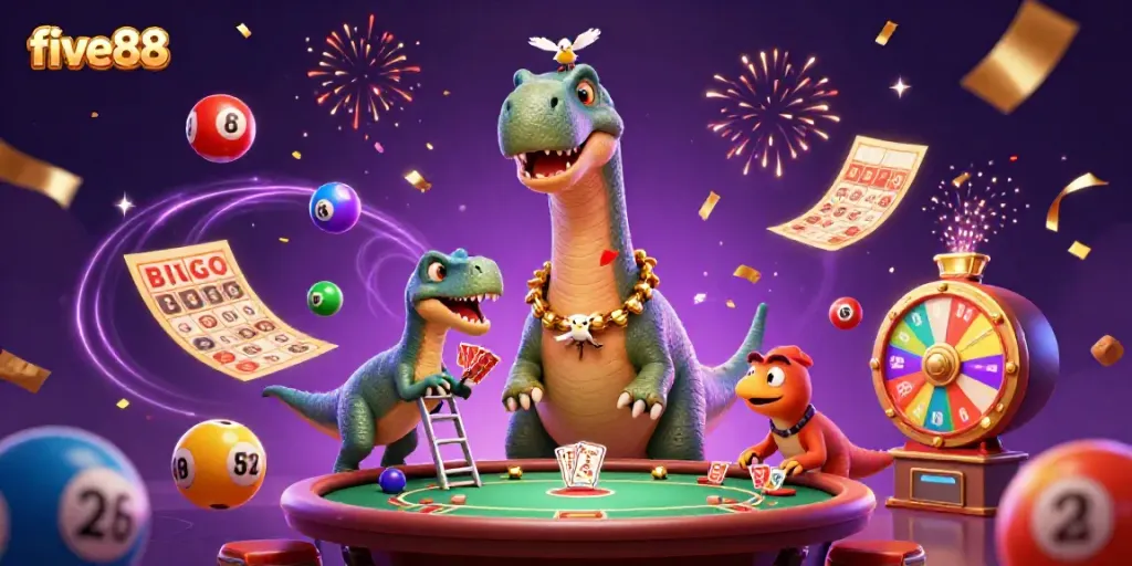 Engage with five88's thrilling gaming experience featuring colorful lottery elements and a 3D dinosaur dealer.