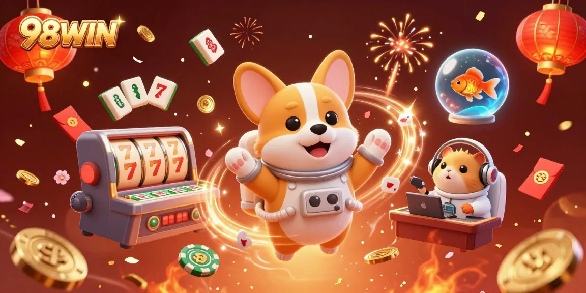 Engage with 98WIN in a vibrant space casino scene, featuring unique characters and floating game elements.
