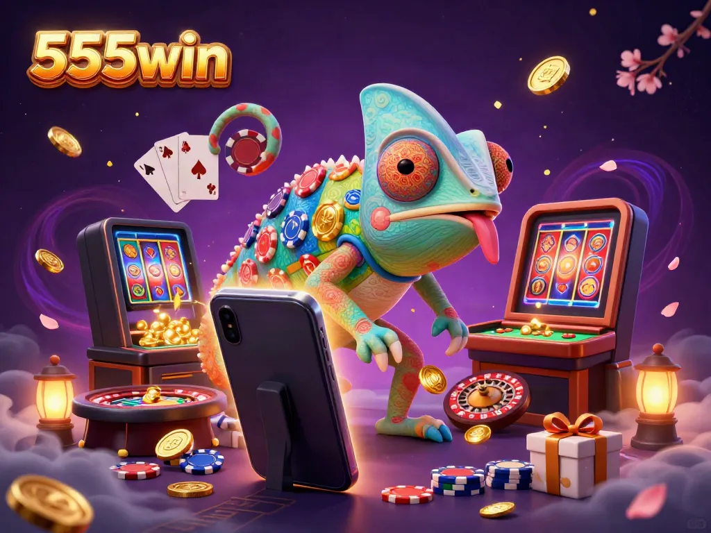 Experience thrilling gaming with 555win, the dynamic casino scene featuring an engaging chameleon owner and explosive slot games.