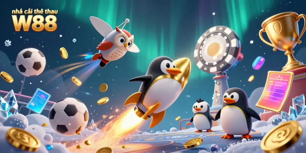 Engage with Nhà cái thể thao W88 through thrilling sports-themed digital gaming adventures featuring cartoon penguin and casino elements.