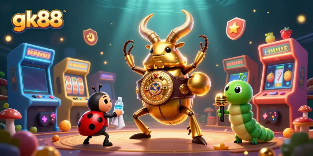Experience thrilling gameplay with gk88's vibrant casino scene featuring a glowing golden stag beetle and classic symbols.
