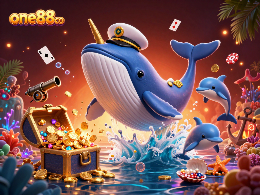 Experience thrilling gameplay at one88co with unique 3D casino-themed characters in a vibrant underwater scene.