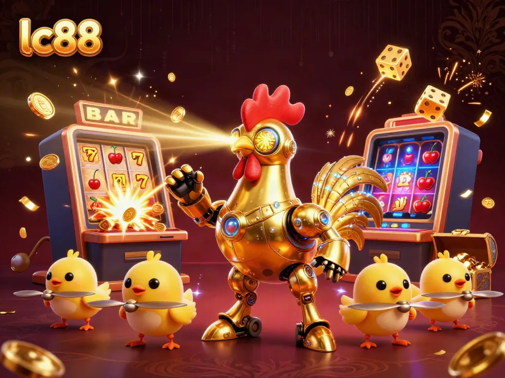 Experience jackpot excitement with the lc88 golden rooster robot and casino elements in action.