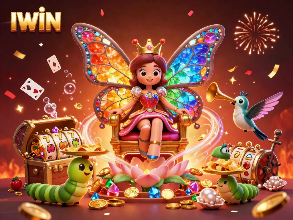 IWIN showcases a vibrant casino scene with a butterfly queen and colorful game elements.