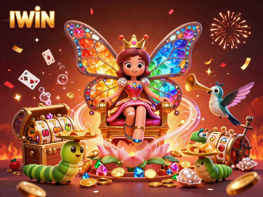 IWIN showcases a vibrant casino scene with a butterfly queen and colorful game elements.