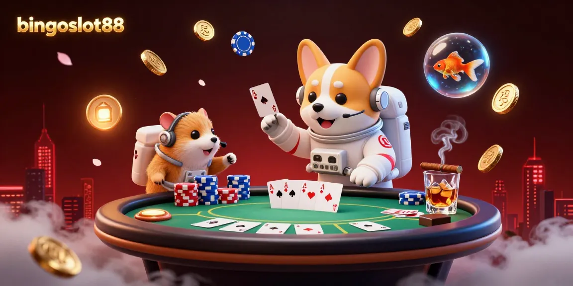 Rasakan keseruan bingoslot88 di kasino luar angkasa dengan corgi astronot dan chip poker melayang.