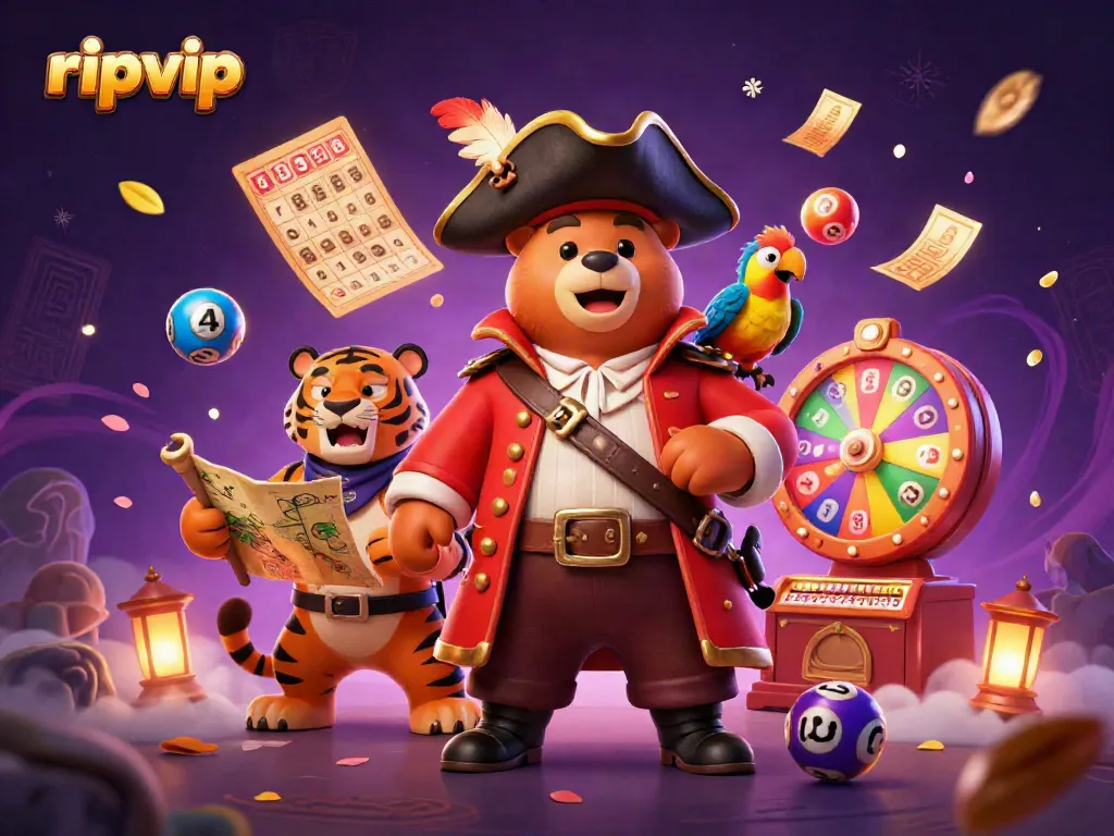 Engage with ripvip's dynamic gaming scene featuring a pirate bear, tiger, and festive elements.