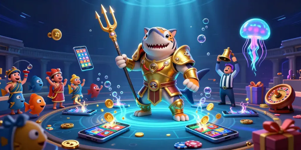 Engage with vipwin's vibrant underwater casino, featuring a gladiator shark and coin-filled smartphones.