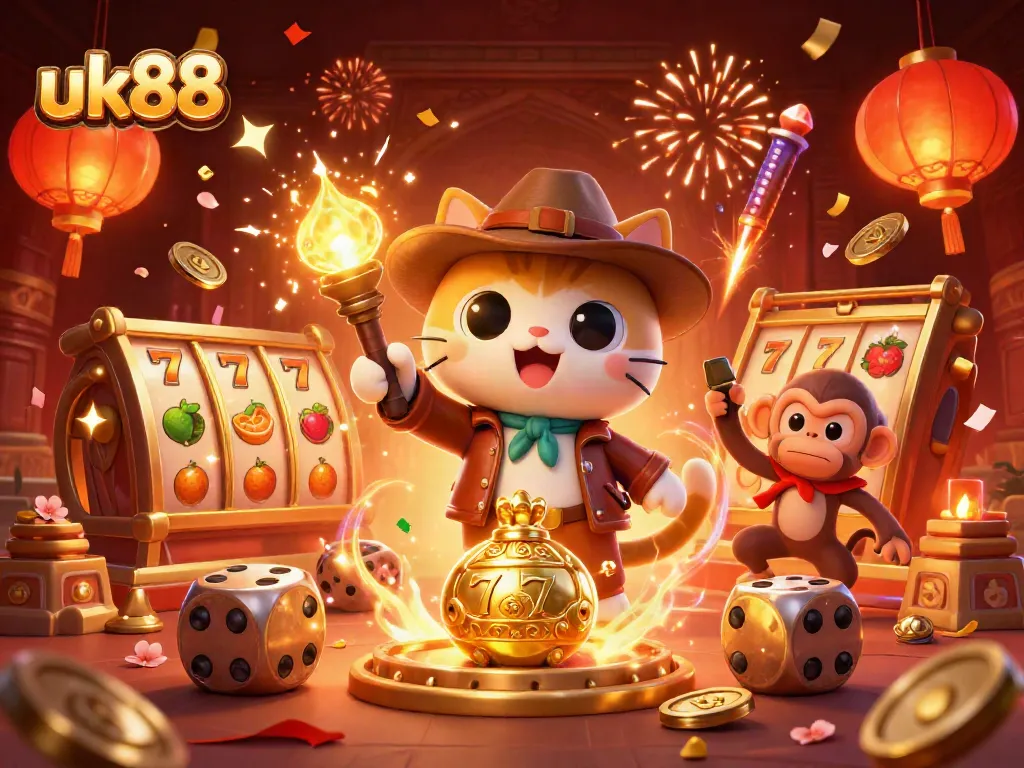 Win big at uk88 with dynamic slot machines and an adventurous cat exploring treasures.