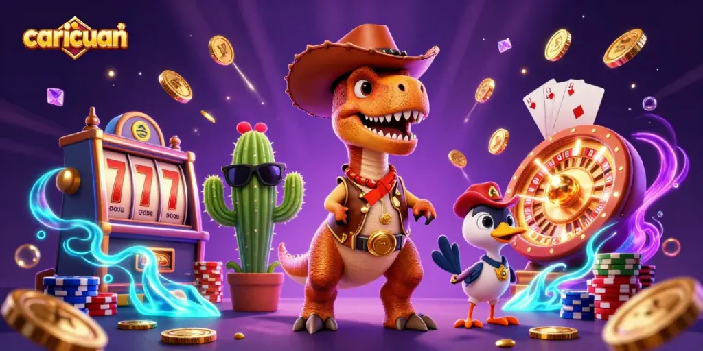Tunjukkan citra menarik dari karakter caricuan dengan dinosaur T-Rex dan efek slot mesin yang membangkitkan semangat judi.