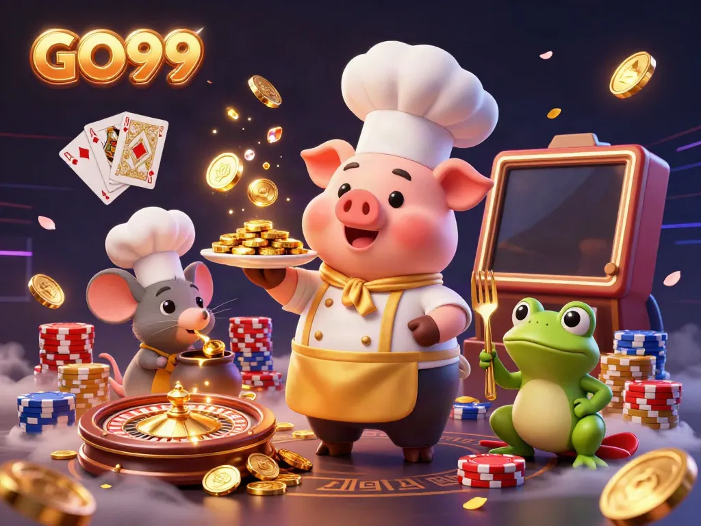 Win big with GO99, featuring a chef pig serving gold coins amidst cascading riches, and vibrant casino elements.