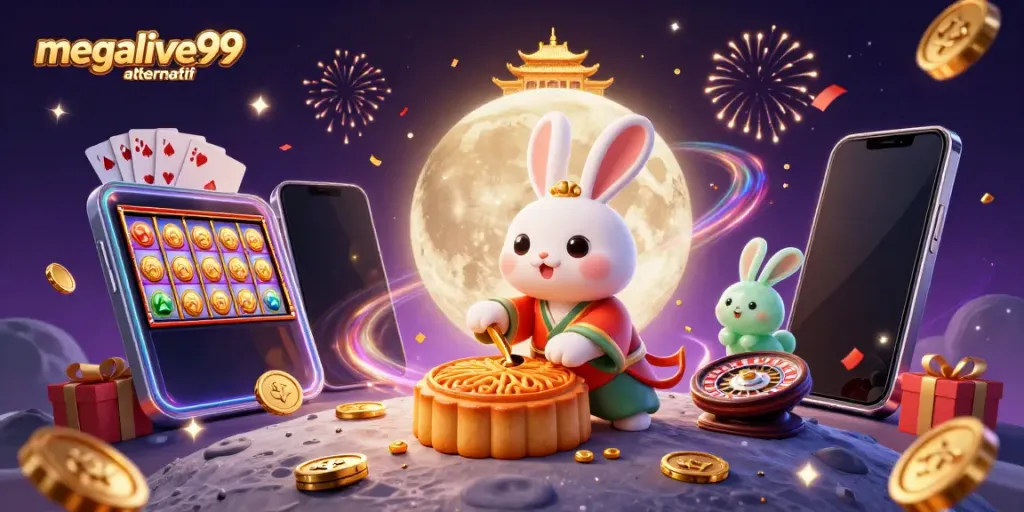 Megalive99 alternatif: Kelinci surgawi menggiling kue bulan emas dengan elemen kasino di luar angkasa.