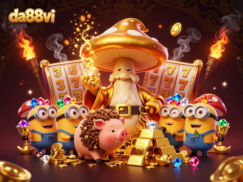 Engage with the vibrant da88vi slots scene featuring a magical golden wizard and treasures around.