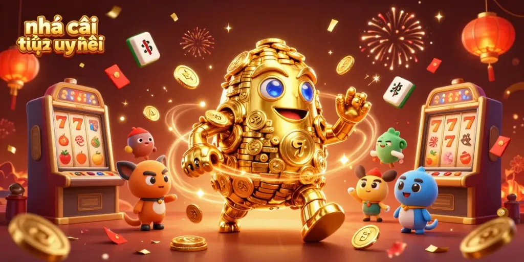 Engage with nhà cái trực tuyến uy tín in this vibrant 3D illustration of a golden golem and casino elements.