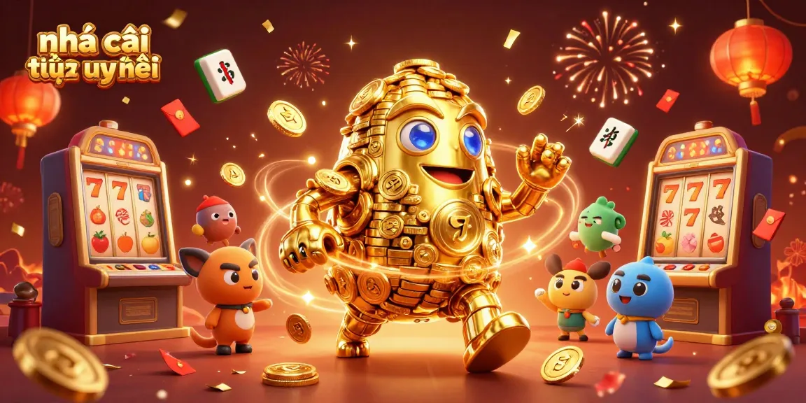 Engage with nhà cái trực tuyến uy tín in this vibrant 3D illustration of a golden golem and casino elements.
