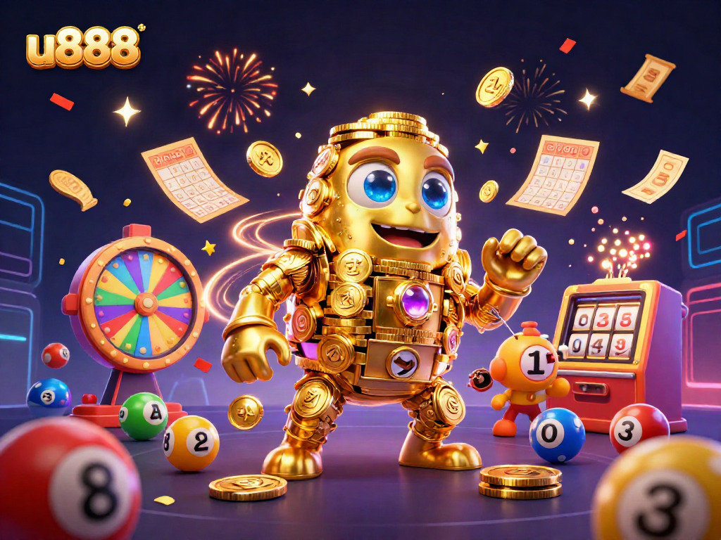 Join the u888 action with a dynamic 3D scene featuring golden golem and vibrant lottery balls!