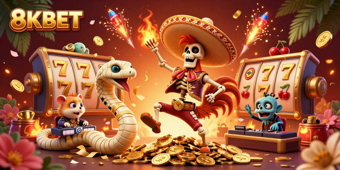 Celebrate wins with 8KBET's vibrant casino scene featuring joyous characters and slot machines.